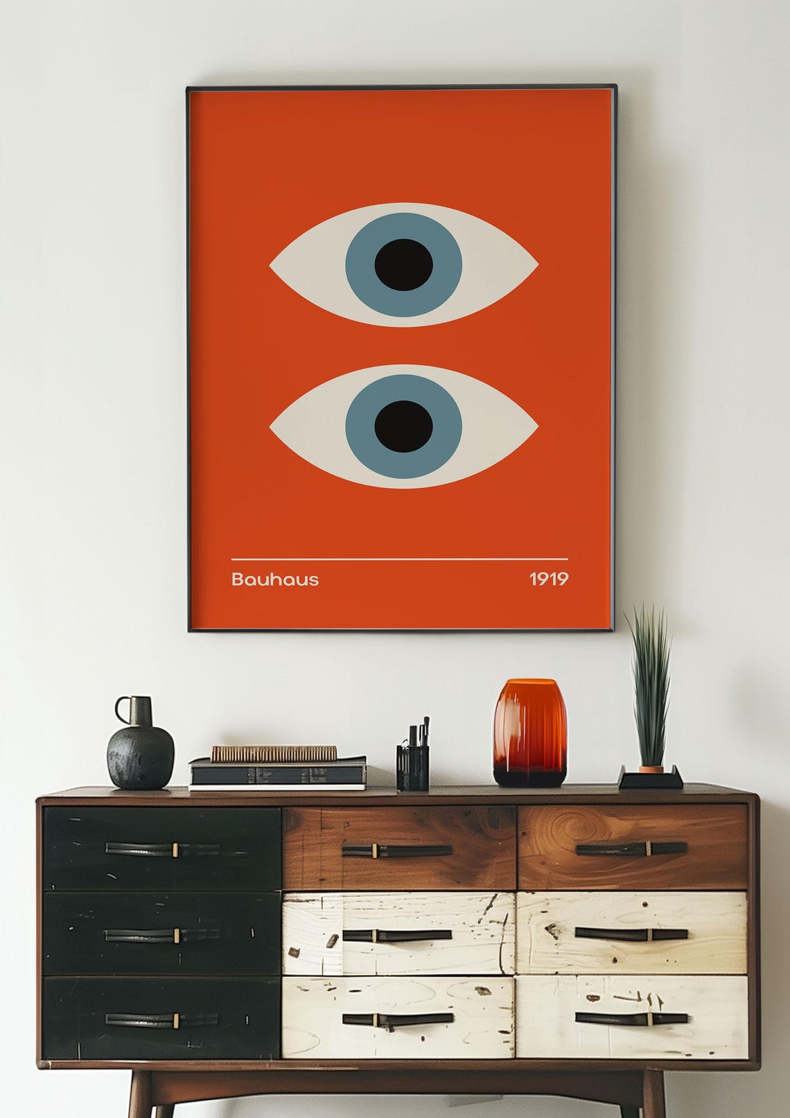 Bauhaus 1919 Double Eye Poster Burnt Orange with Slate Blue Iris - Image 3