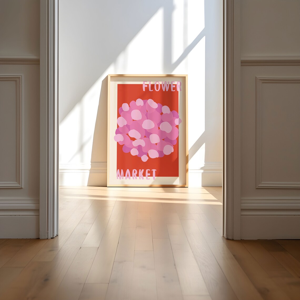 Pink Polka Dot Bloom on Fiery Red Retro Flower Market Art Poster - Image 4