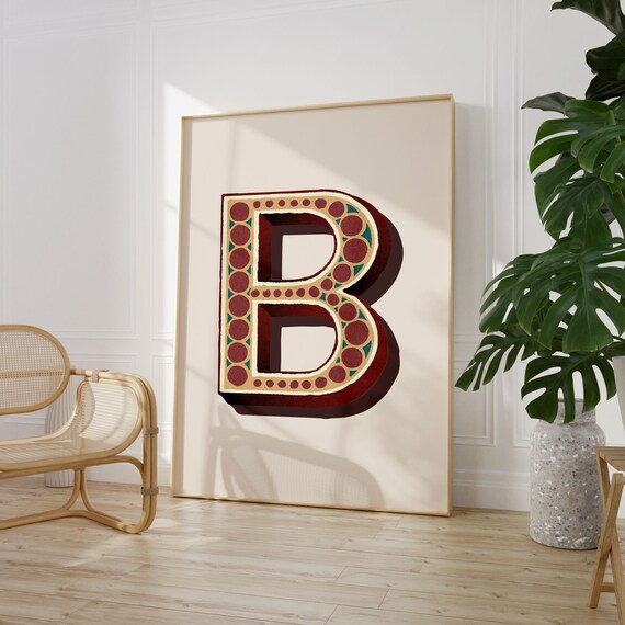 Letter B Maroon Dotted Circus Style Alphabet Typography Vintage Art Poster
