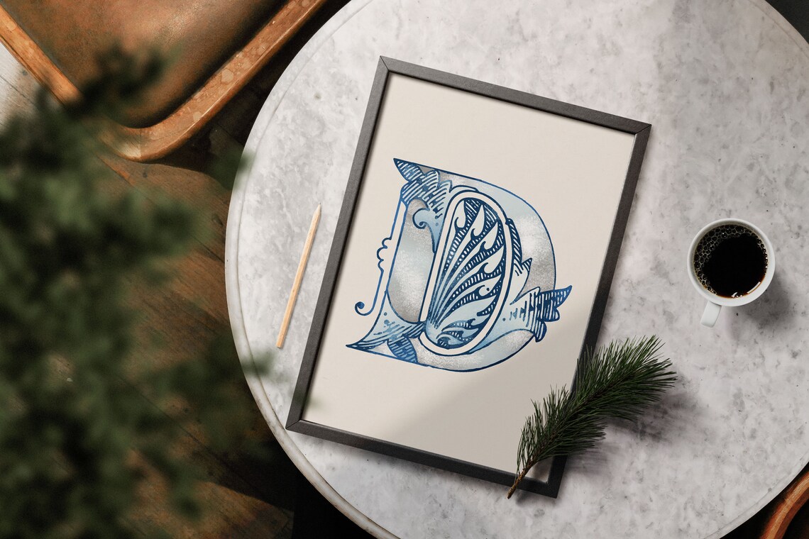 Letter D Dusty Blue Seashell Etched Alphabet Typography Beach Decor Poster - Image 5