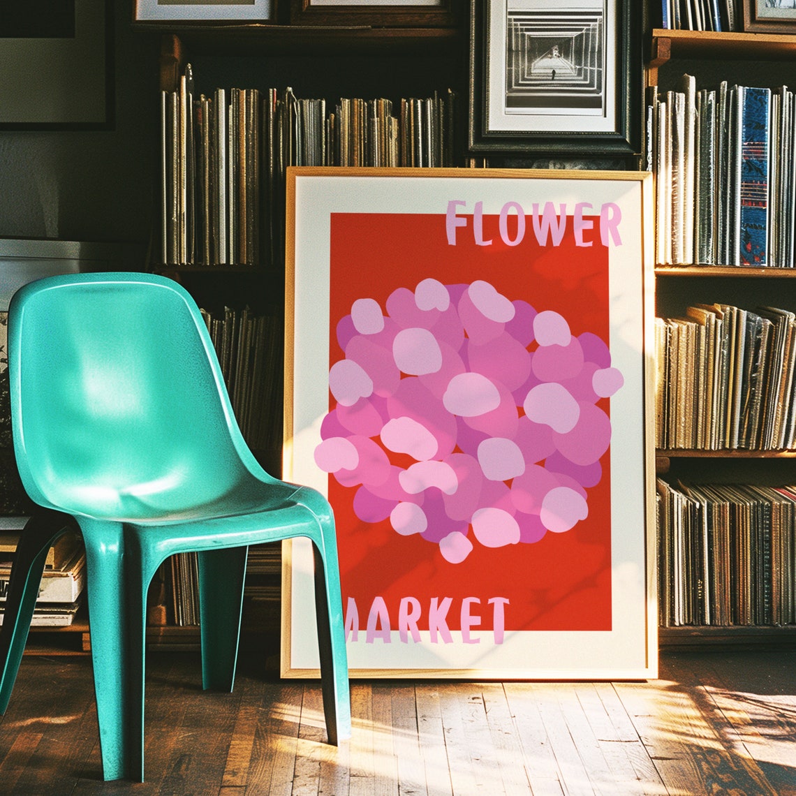 Pink Polka Dot Bloom on Fiery Red Retro Flower Market Art Poster - Image 5
