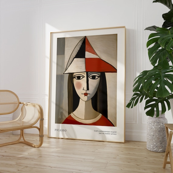 Picasso Style Cubist Woman Red Hat Portrait Neutral Beige Abstract Poster
