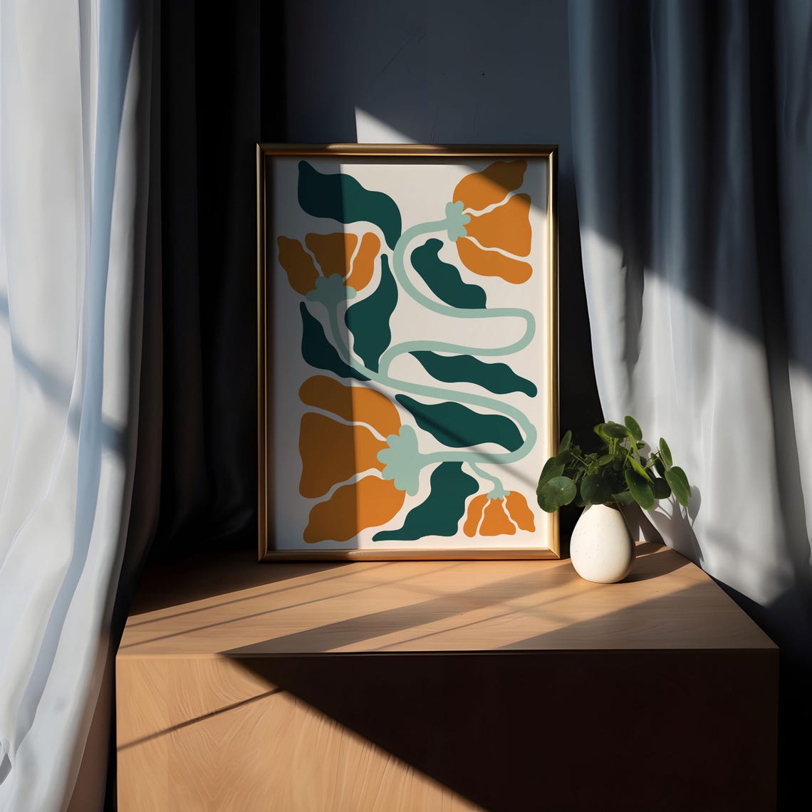 Orange Poppy Botanical Poster with Mint Stems and Teal Foliage - Image 5