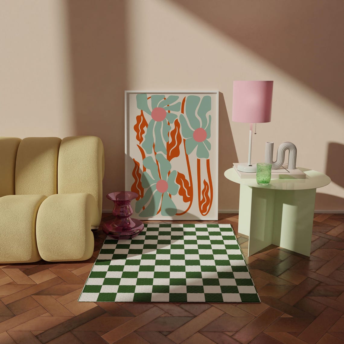 Matisse Style Mint Green Flowers Orange Waves Retro Floral Poster - Image 4