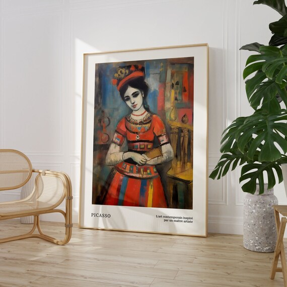 Woman in Ornate Red Dress Modernist Picasso Style Portrait Poster