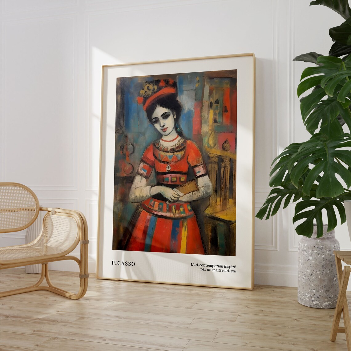 Woman in Ornate Red Dress Modernist Picasso Style Portrait Poster