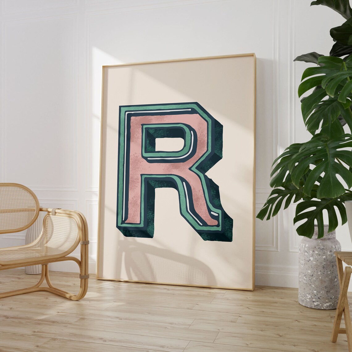 Letter R Pink Teal Varsity Alphabet Typography Girls Room Wall Decor Poster