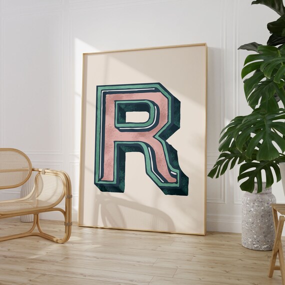 Letter R Pink Teal Varsity Alphabet Typography Girls Room Wall Decor Poster