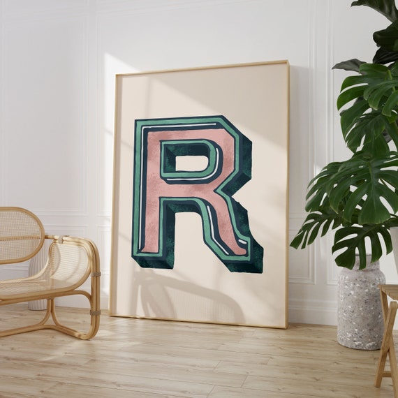 Vintage Initial Print Single Letter Alphabet Poster R Poster Eclectic Home Typography Decor Nursery Room Decor