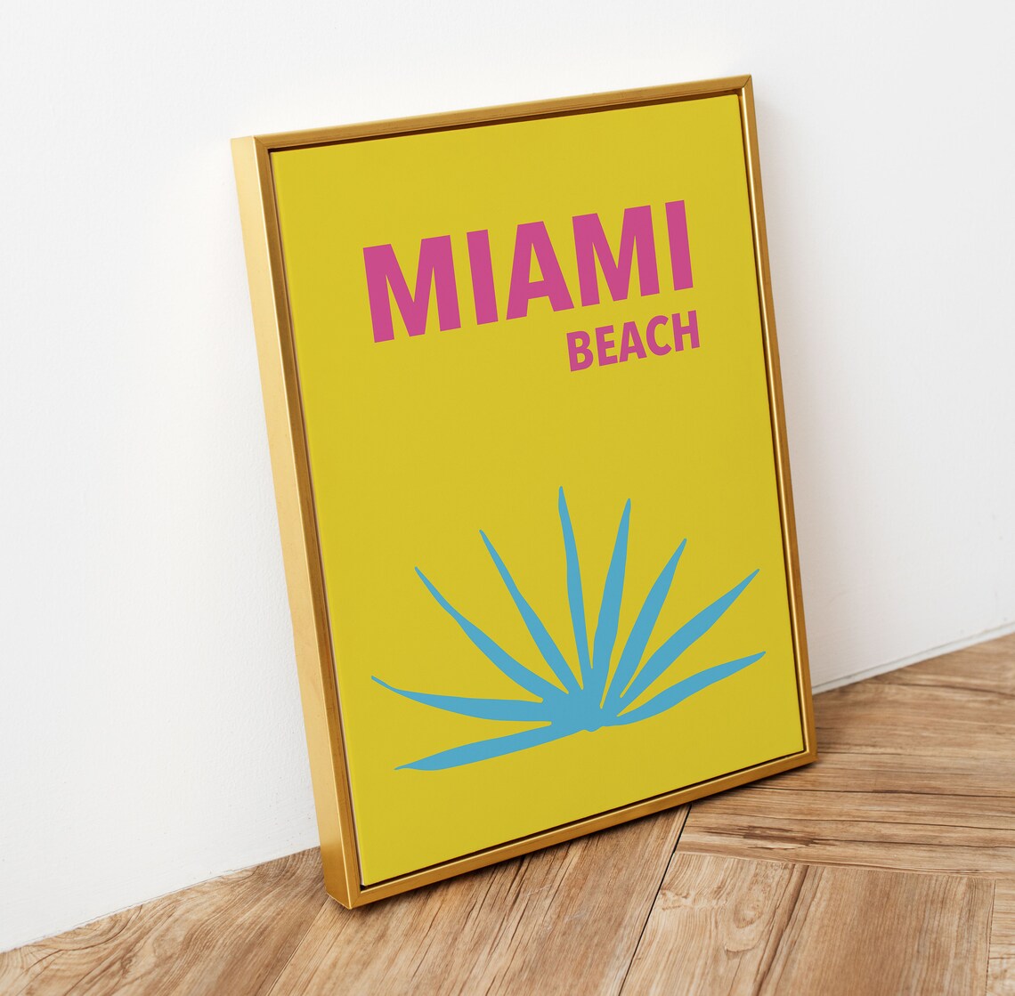 Miami Beach Florida Travel Poster Bold Yellow With Pink Palm Graphic - Image 4