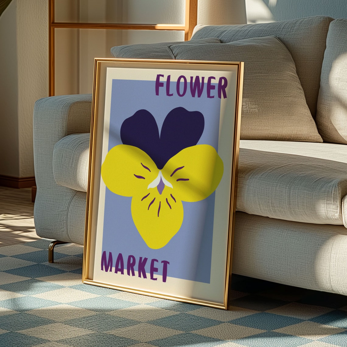 Yellow and Purple Pansy on Blue Vintage Flower Market Art Poster - Image 3