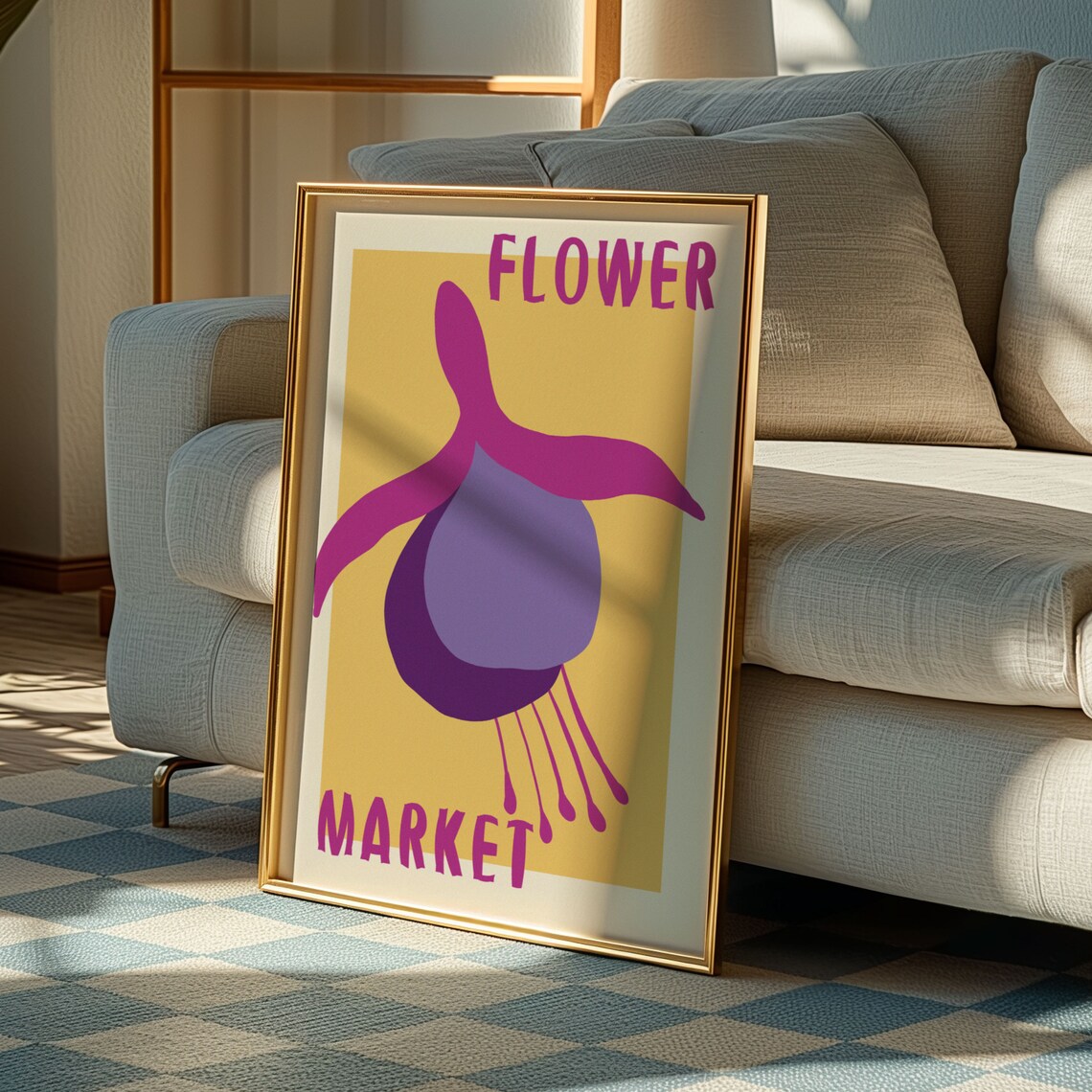 Purple Fuchsia Bloom on Yellow Retro Flower Market Art Poster - Image 3