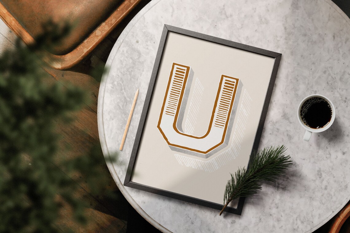 Letter U Mustard Gray Collegiate Alphabet Typography Dorm Room Decor Poster - Image 5