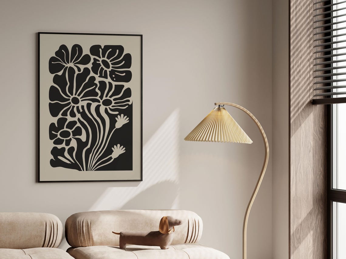 Beige Black Abstract Bloom Silhouette Retro Botanical Art Poster - Image 3