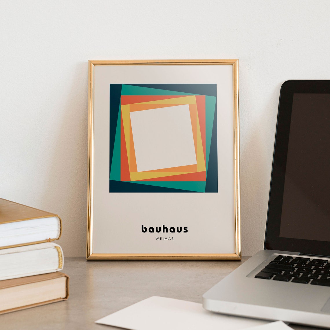 Vintage Retro Teal and Orange Layered Square Bauhaus Weimar Poster - Image 3