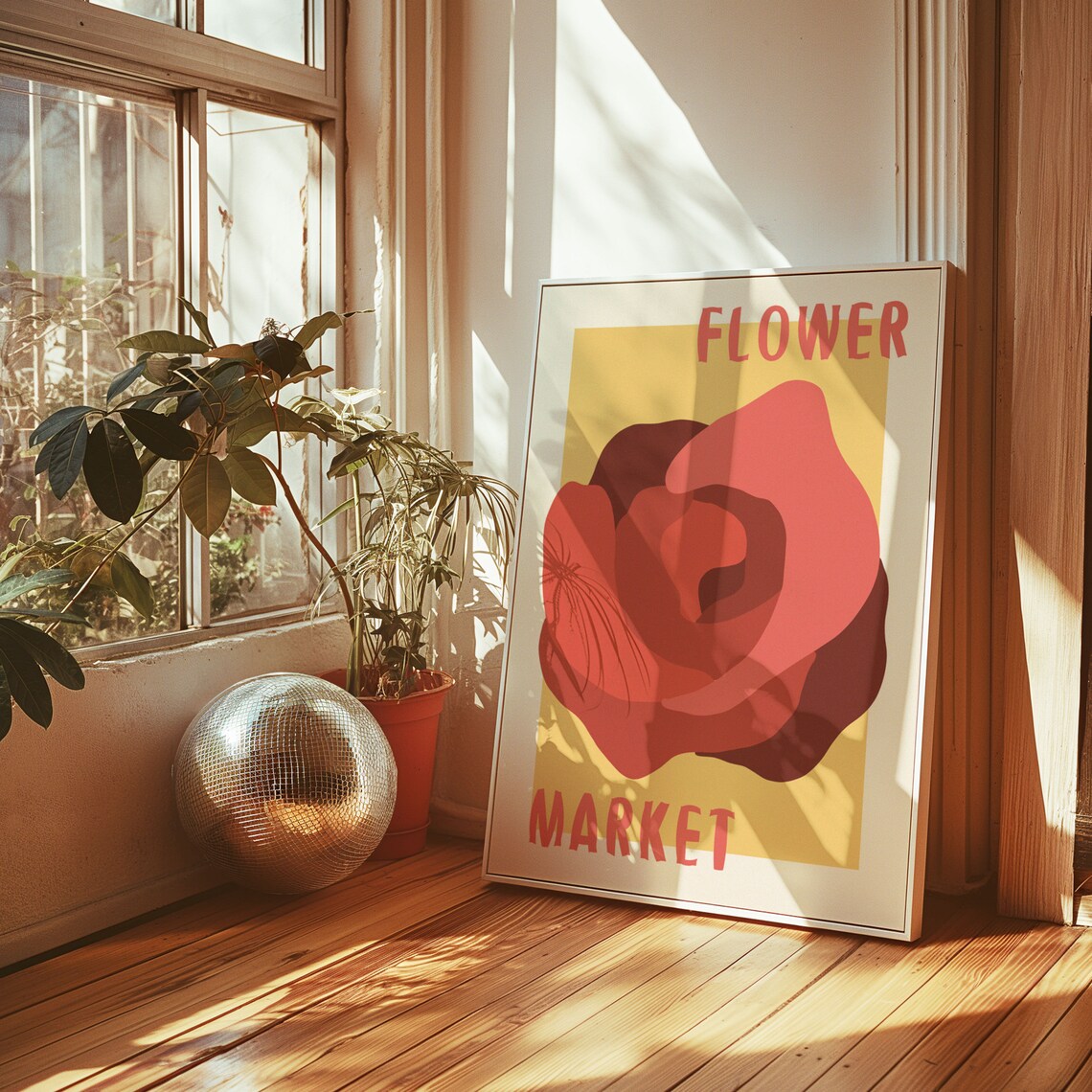 Red Rose Bloom on Golden Yellow Retro Flower Market Art Poster