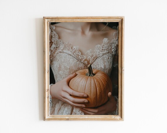Woman in Cream Lace Dress Holding Orange Pumpkin Autumn Art Poster