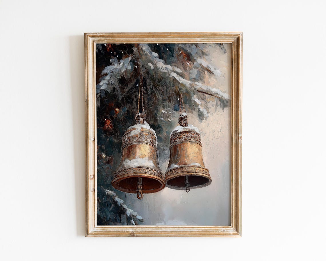 Rustic Bronze Jingle Bells Snowy Pine Branch Christmas Wall Art