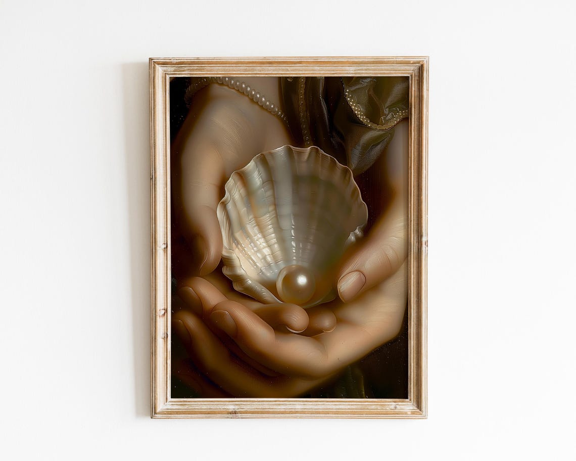 Baroque Hands Holding Pearl Shell Dark Academia Vintage Poster