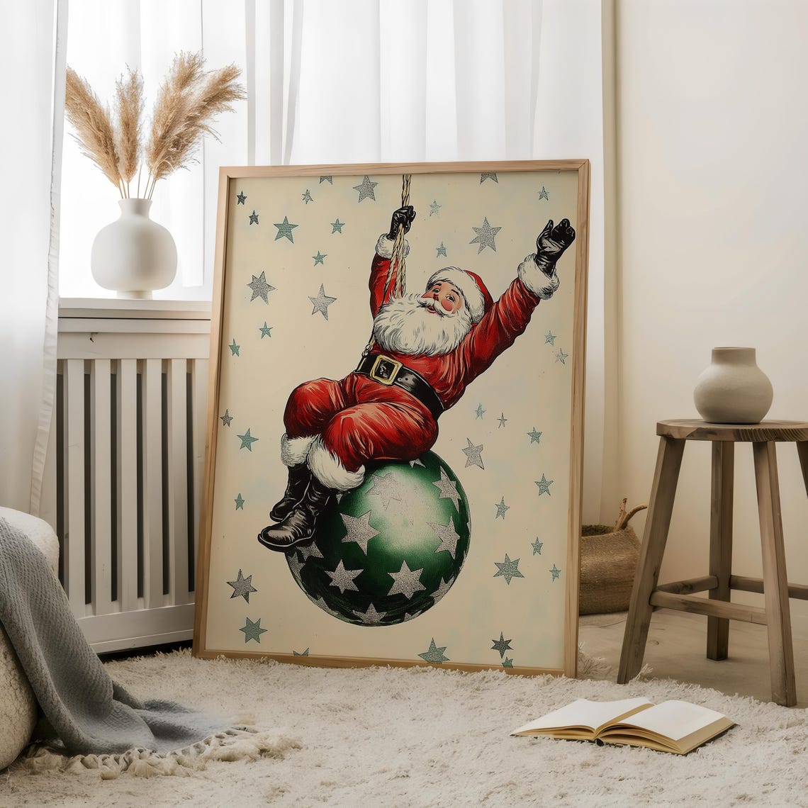 Vintage Santa Claus Riding Giant Christmas Bauble Starry Poster
