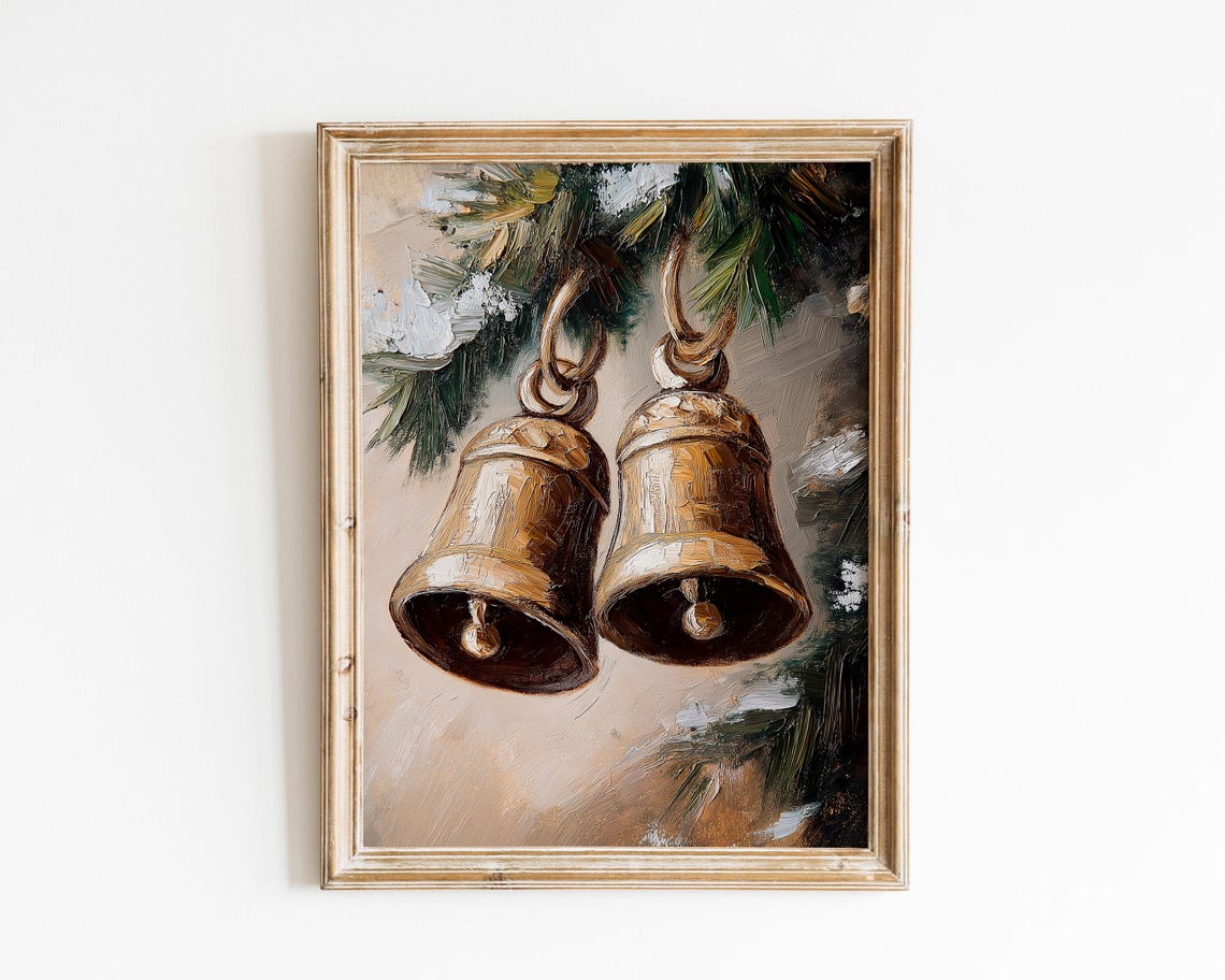 Brass Christmas Bells Snowy Evergreen Branch Rustic Holiday Poster