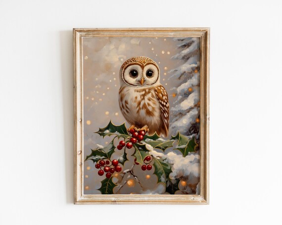 Adorable Baby Owl On Snowy Holly Branch Cute Christmas Art Poster