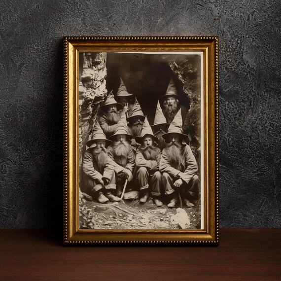 Nine Bearded Wizard Dwarfs in Cave Sepia Fantasy Photo Poster