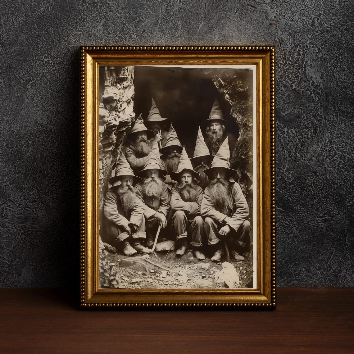 Nine Bearded Wizard Dwarfs in Cave Sepia Fantasy Photo Poster