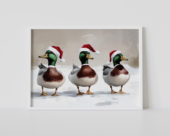 Three Mallard Ducks in Santa Hats Walking in Snow Christmas Poster