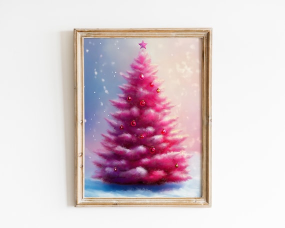 Pink Christmas Tree Ornaments Pastel Vintage Holiday Wall Art