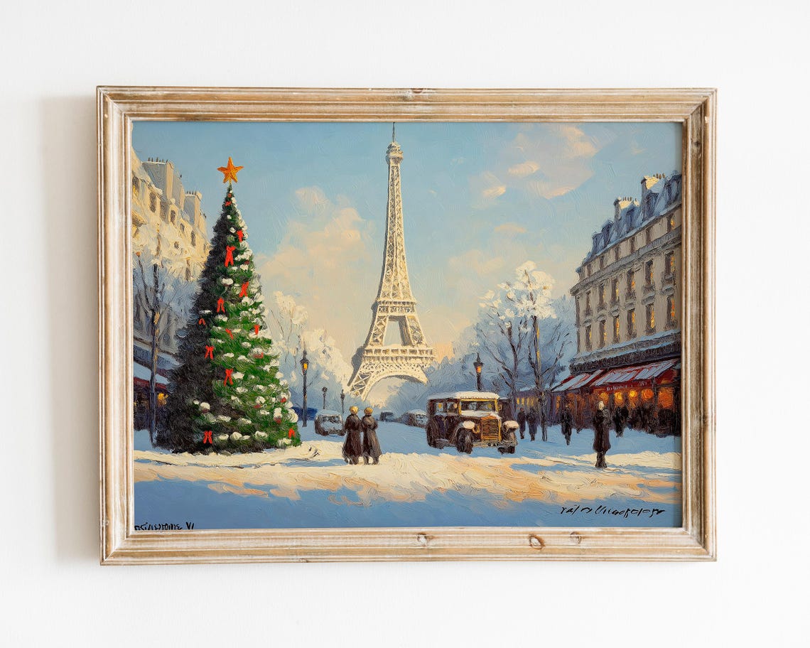 Christmas Eiffel Tower Paris Snowy Street Vintage Style Poster