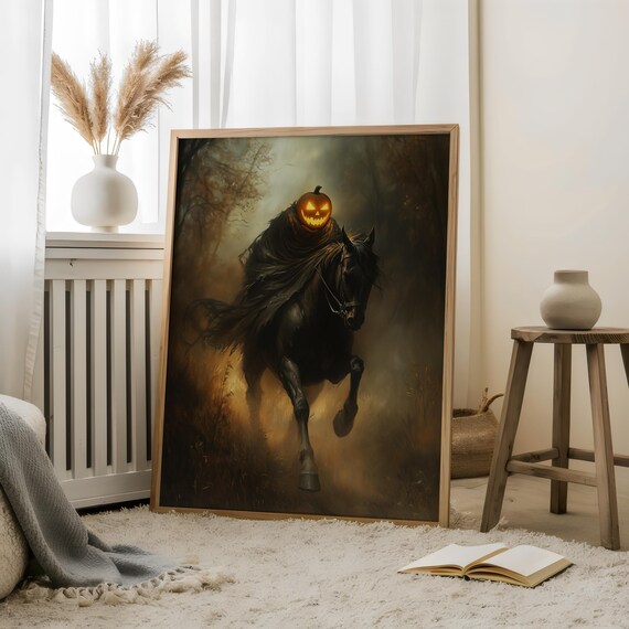 Headless Horseman Glowing Pumpkin Head Dark Forest Halloween Poster