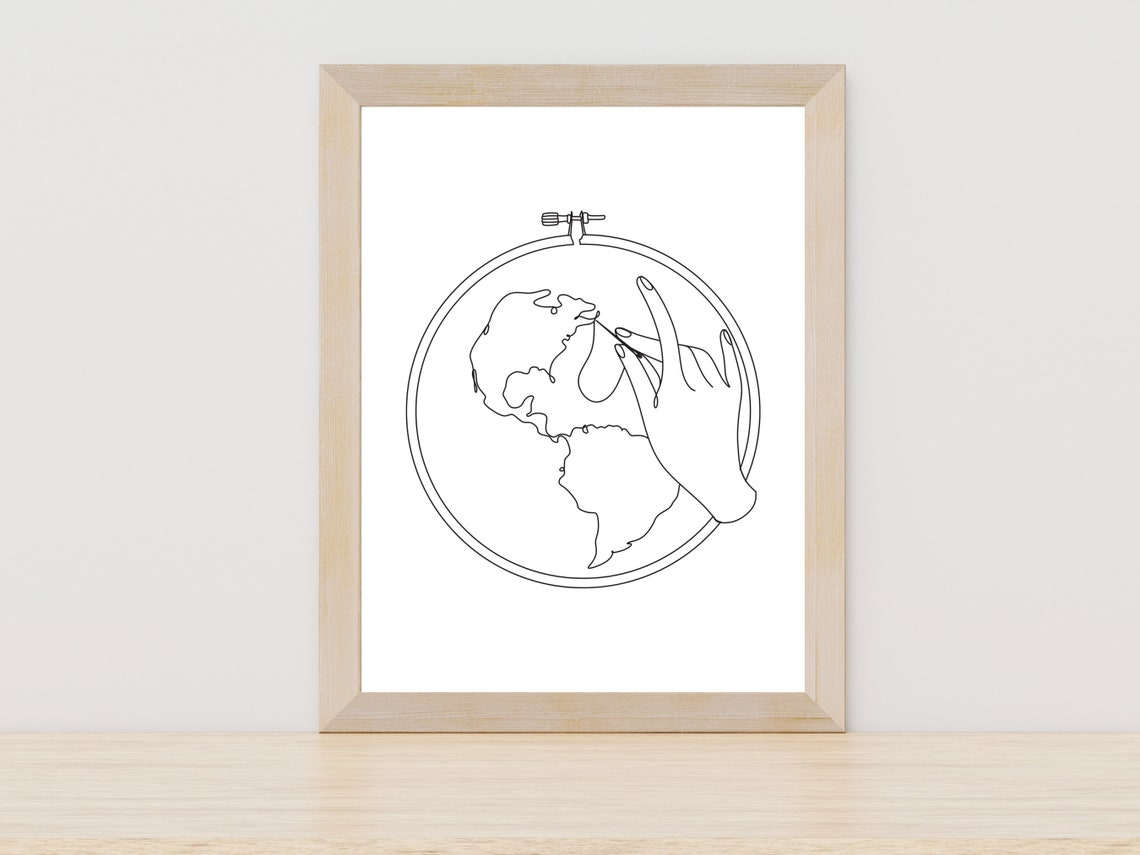 Hand Stitching Earth in Embroidery Hoop Minimalist Line Art Poster