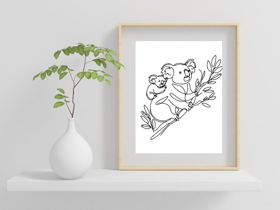 Mother and Baby Koala Line Art With Eucalyptus Minimalist Poster - Image 2