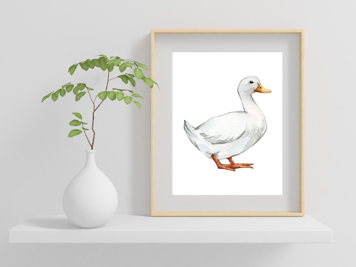 Sweet White Duck Watercolor Painting Farm Animal Nursery Wall Art - Image 2