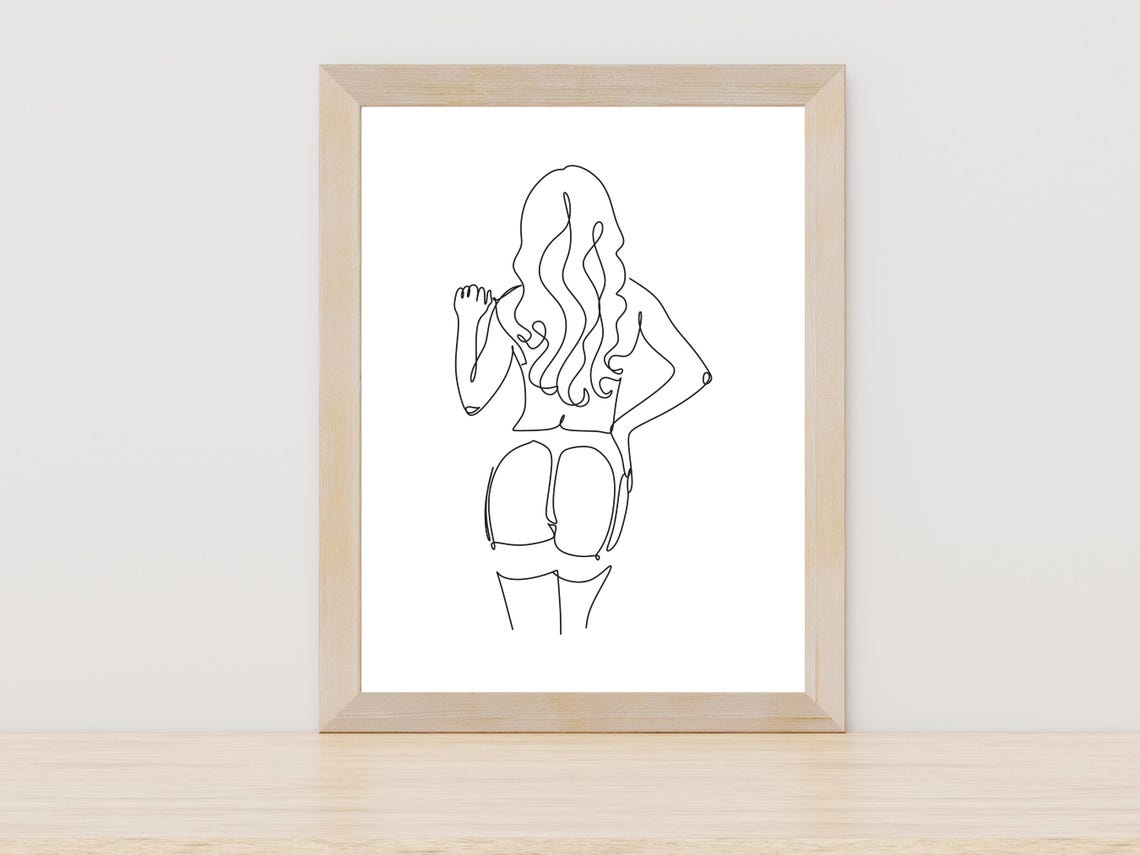 Confident Woman Back View Long Wavy Hair Line Art Figure Poster