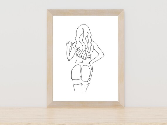 Confident Woman Back View Long Wavy Hair Line Art Figure Poster