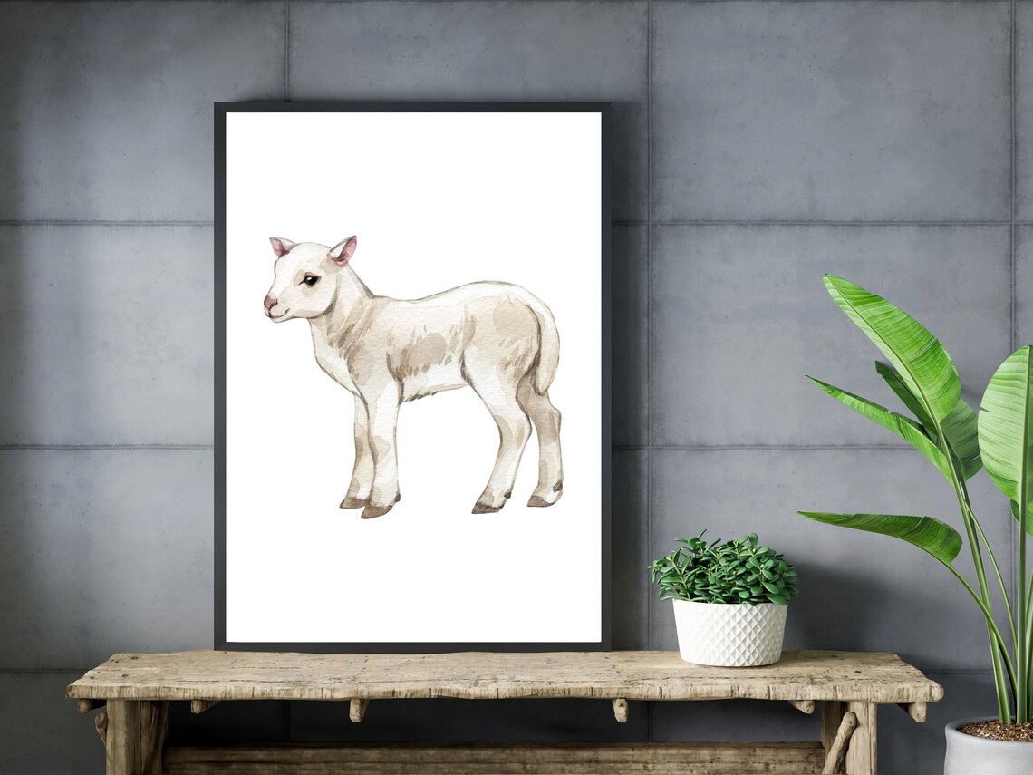 White Lamb Watercolor Painting Cute Baby Sheep Farm Animal Poster - Image 3