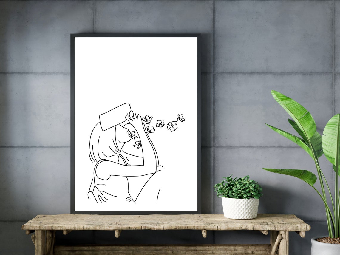 Woman Reading Book with Butterflies Minimalist Line Art Print - Image 3
