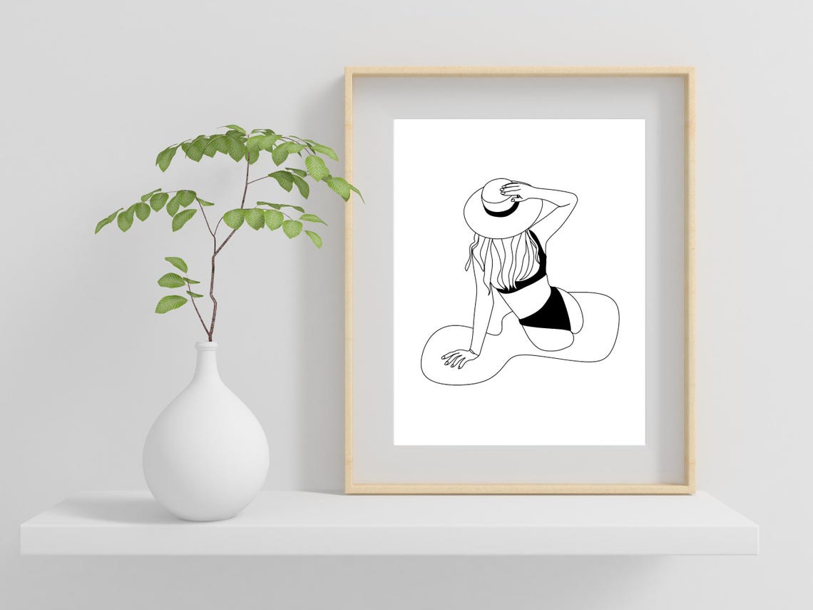 Woman In Bikini And Sun Hat Line Art Summer Beach Back View Poster - Image 2
