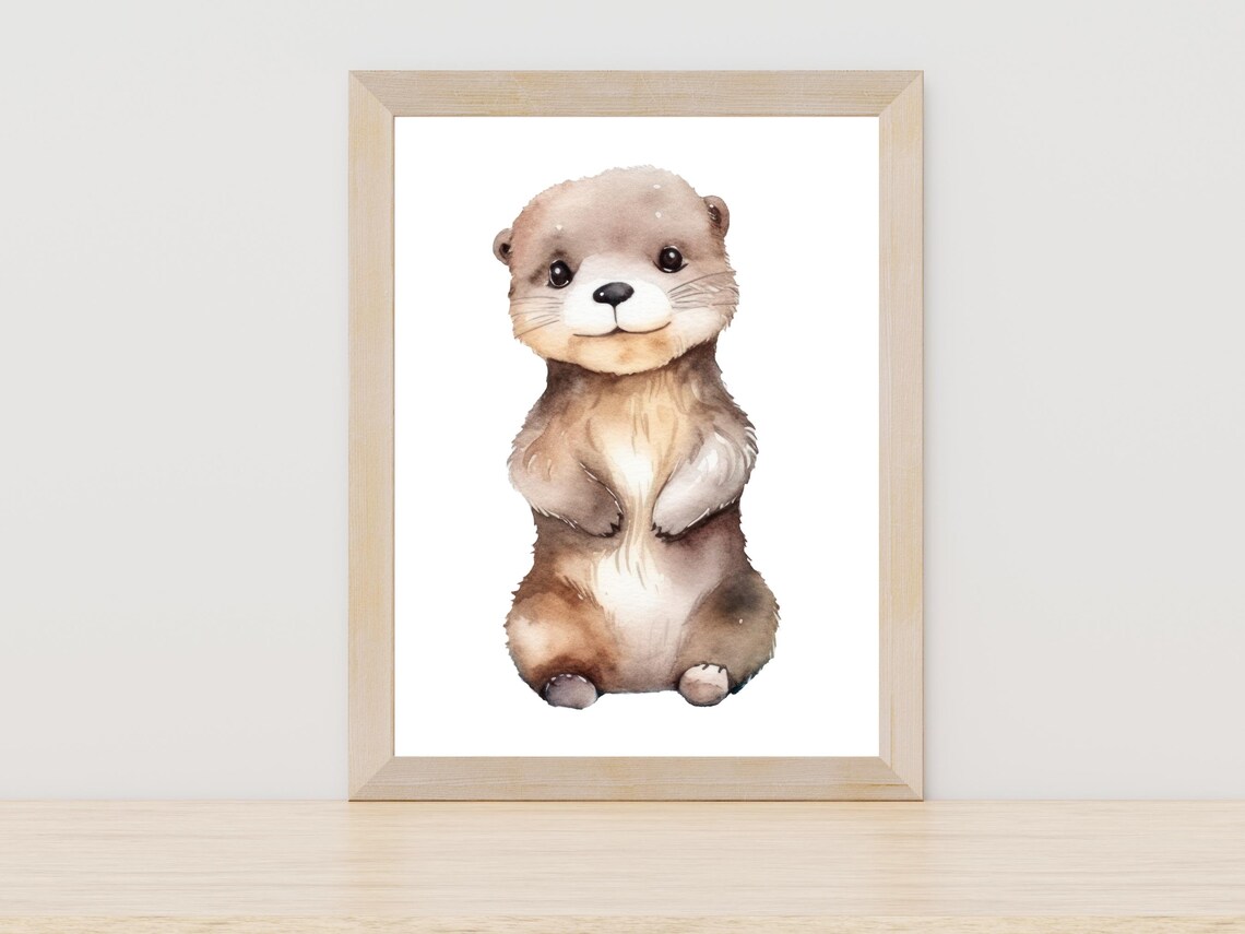 Adorable Baby Otter Watercolor Painting Nursery Animal Wall Art