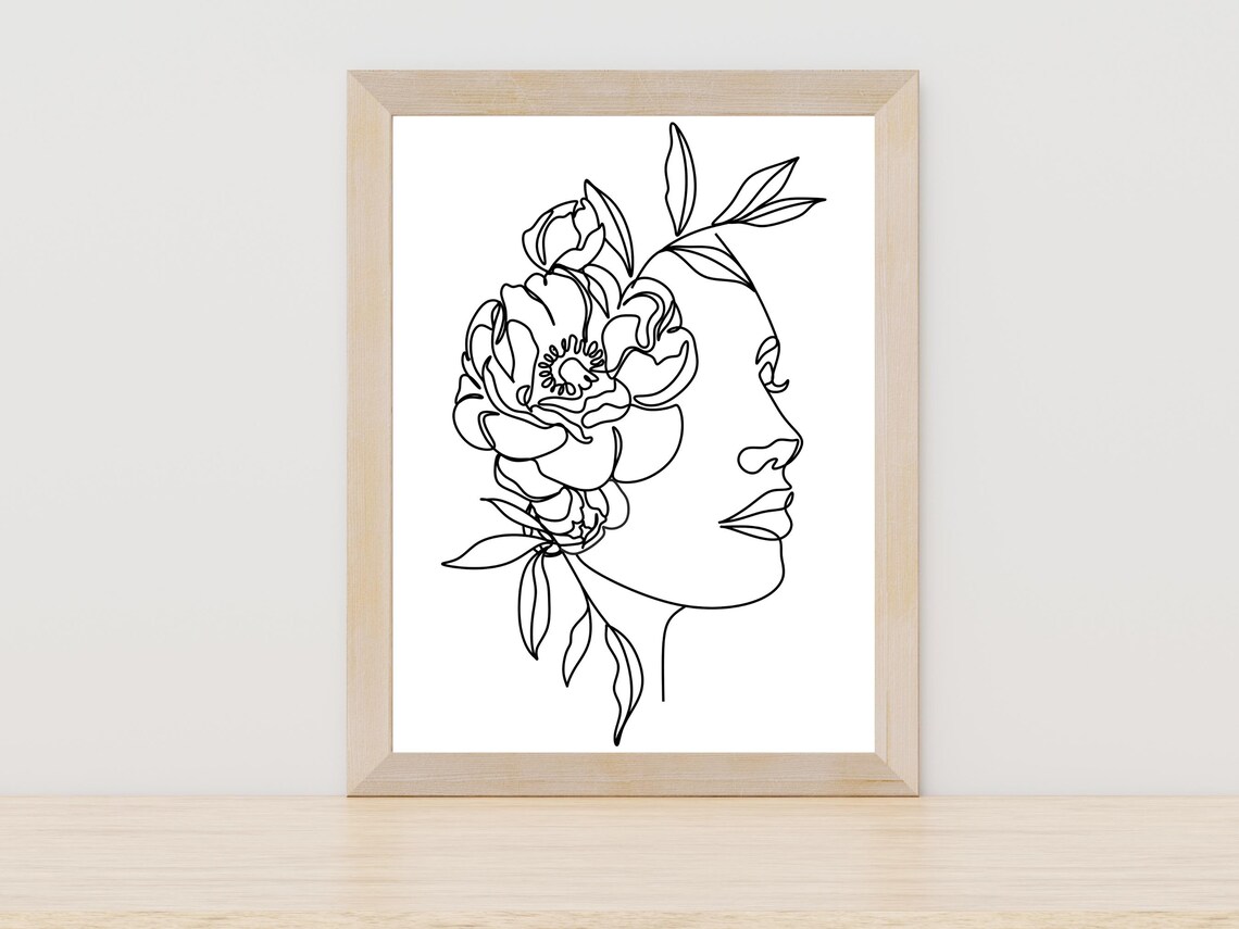 Woman Profile with Peony Flower Minimalist Line Art Decor Poster