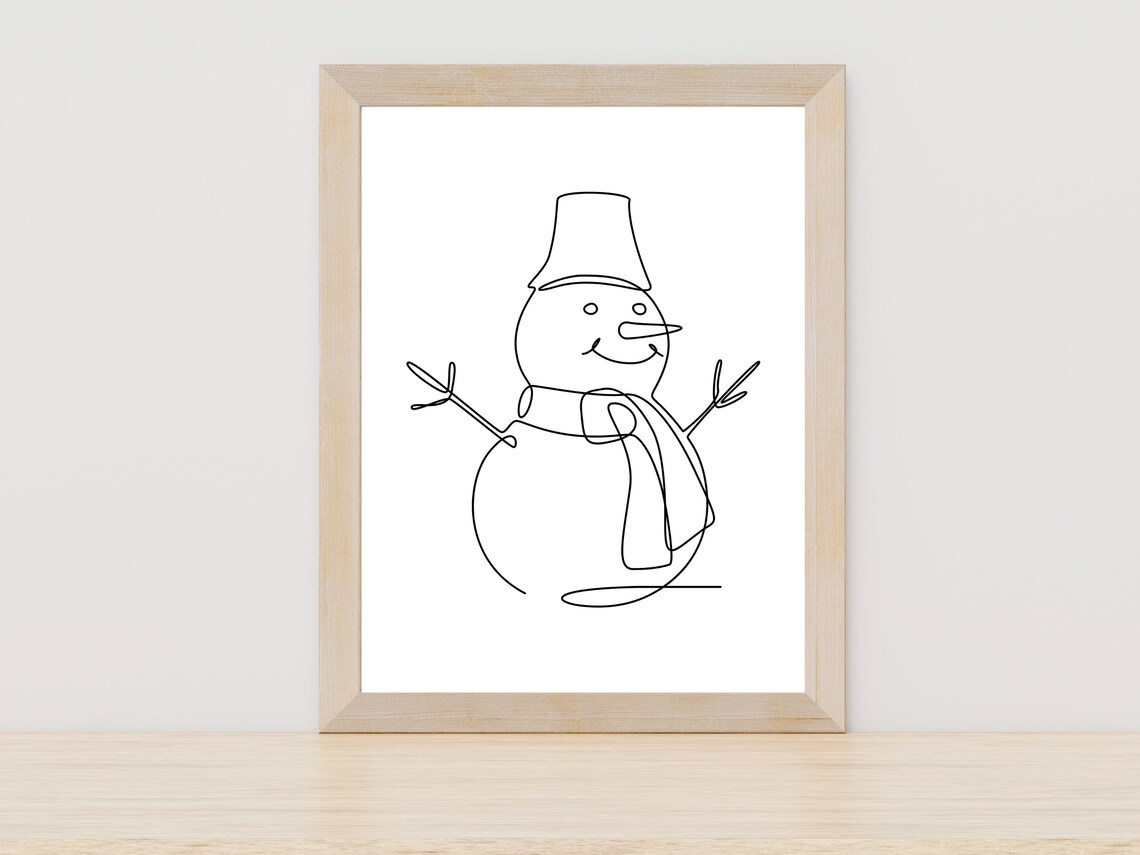 Cute Smiling Snowman Single Line Art Winter Holiday Decor Print