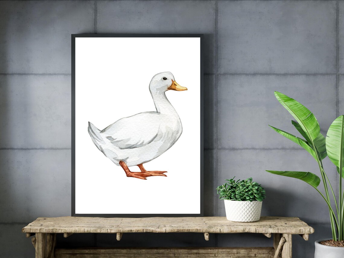 Sweet White Duck Watercolor Painting Farm Animal Nursery Wall Art - Image 3