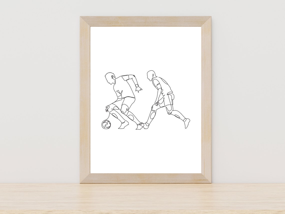 Two Soccer Players Ball Contest Dynamic Minimalist Line Art Print