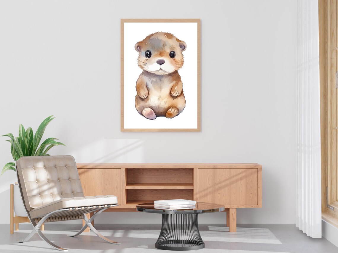 Cute Watercolor Baby Otter Nursery Animal Wall Art Decor Gift - Image 4