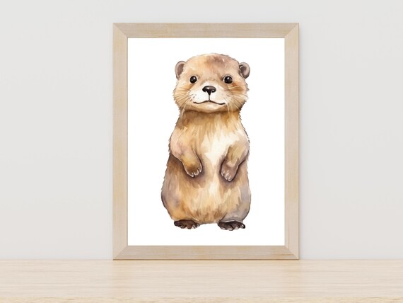 Adorable Baby Otter Watercolor Painting Nursery Animal Wall Art