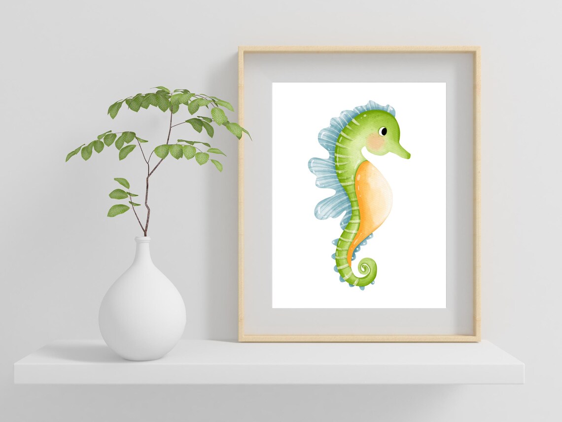 Cute Green Seahorse Watercolor Under the Sea Nursery Art Poster - Image 2