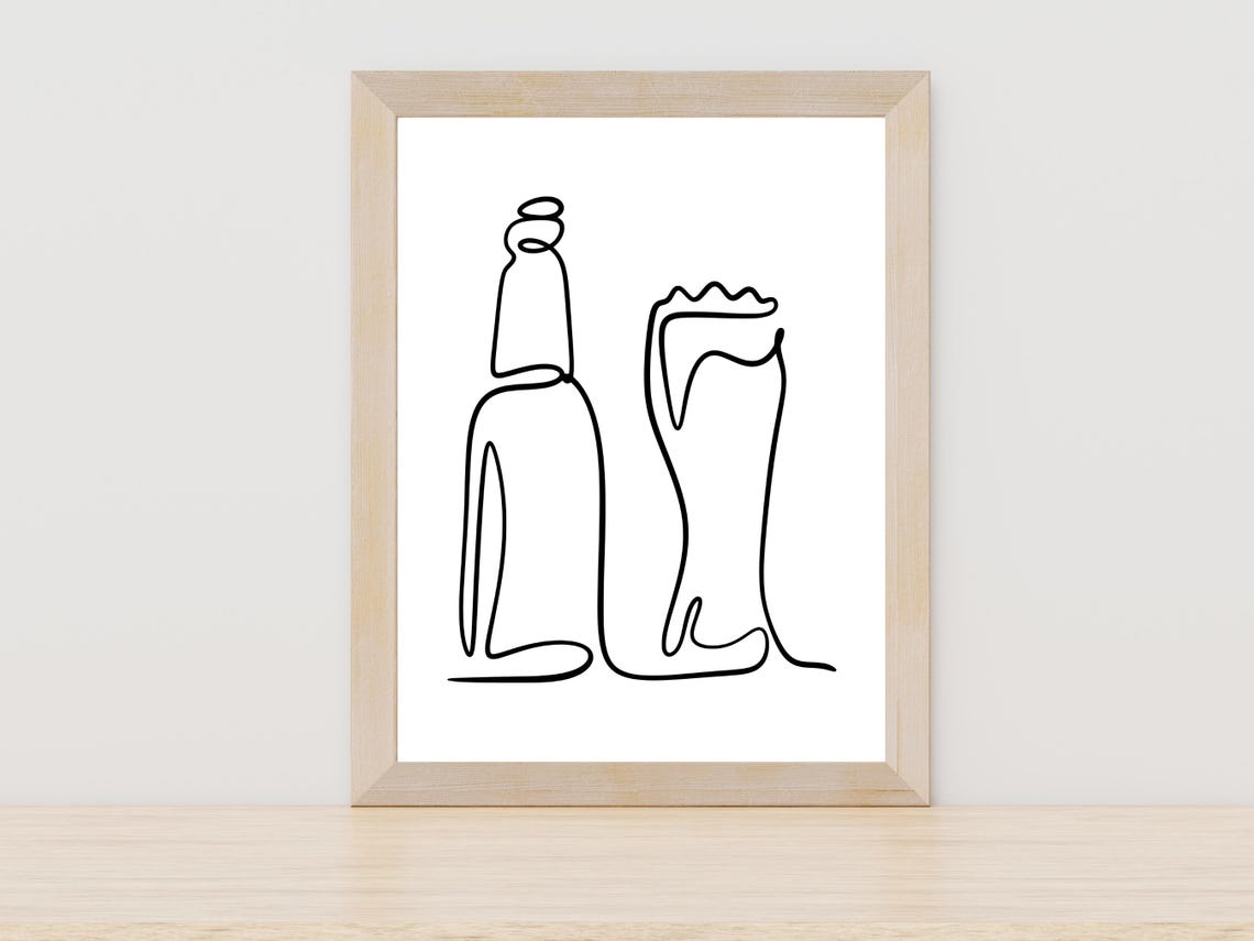 Beer Bottle And Glass One Line Art Bar Decor Man Cave Wall Poster