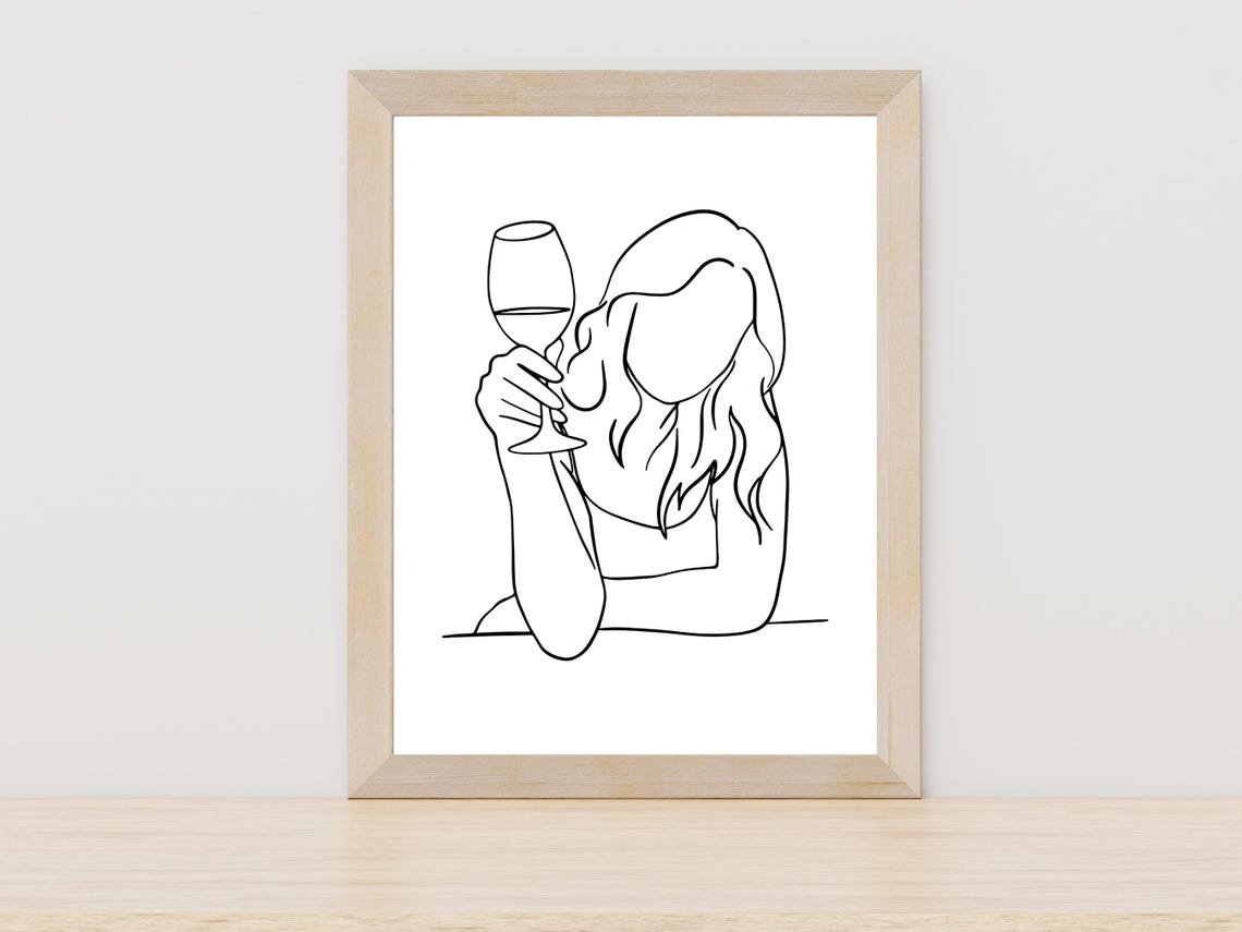 Chic Woman Holding Wine Glass Minimalist Line Art Kitchen Poster